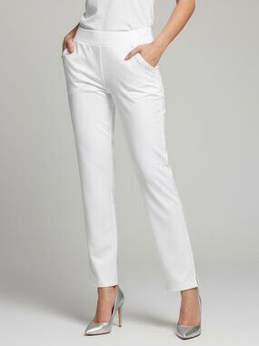 Fair Lady White Pull-On Pants 8P Stretch Chic Rhinestone Pocket Detail